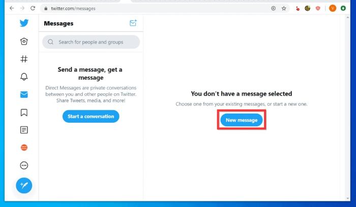 Layar menampilkan daftar pesan masuk. Klik ikon amplop di sudut kanan bawah layar Cara mengirim DM di Twitter